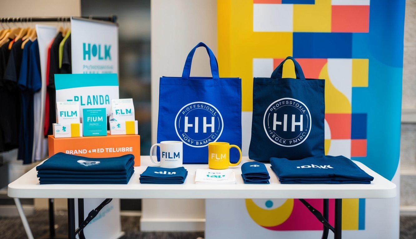 A table with branded merchandise, such as t-shirts, mugs, and tote bags, displayed alongside a colorful banner and promotional materials