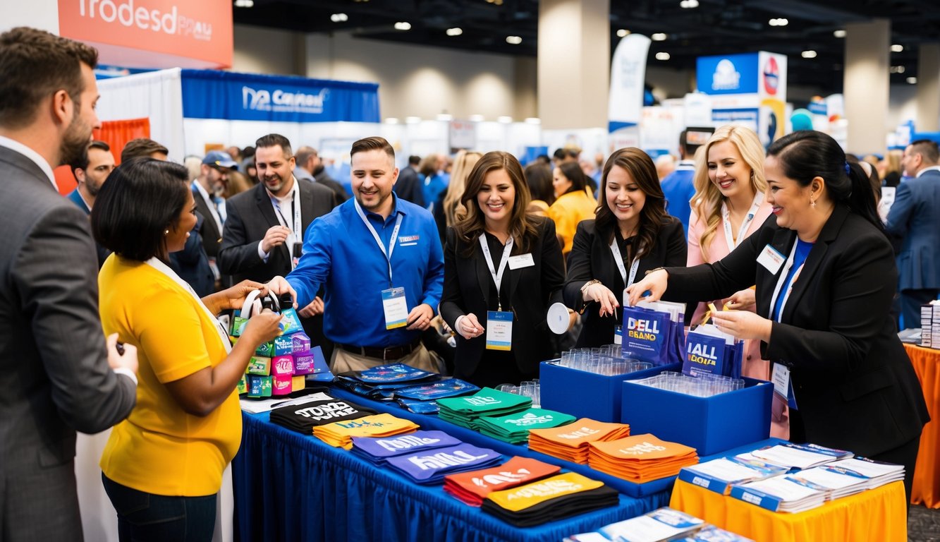 A bustling trade show booth with colorful promotional items displayed on a table. People eagerly grabbing branded merchandise while engaging with enthusiastic staff