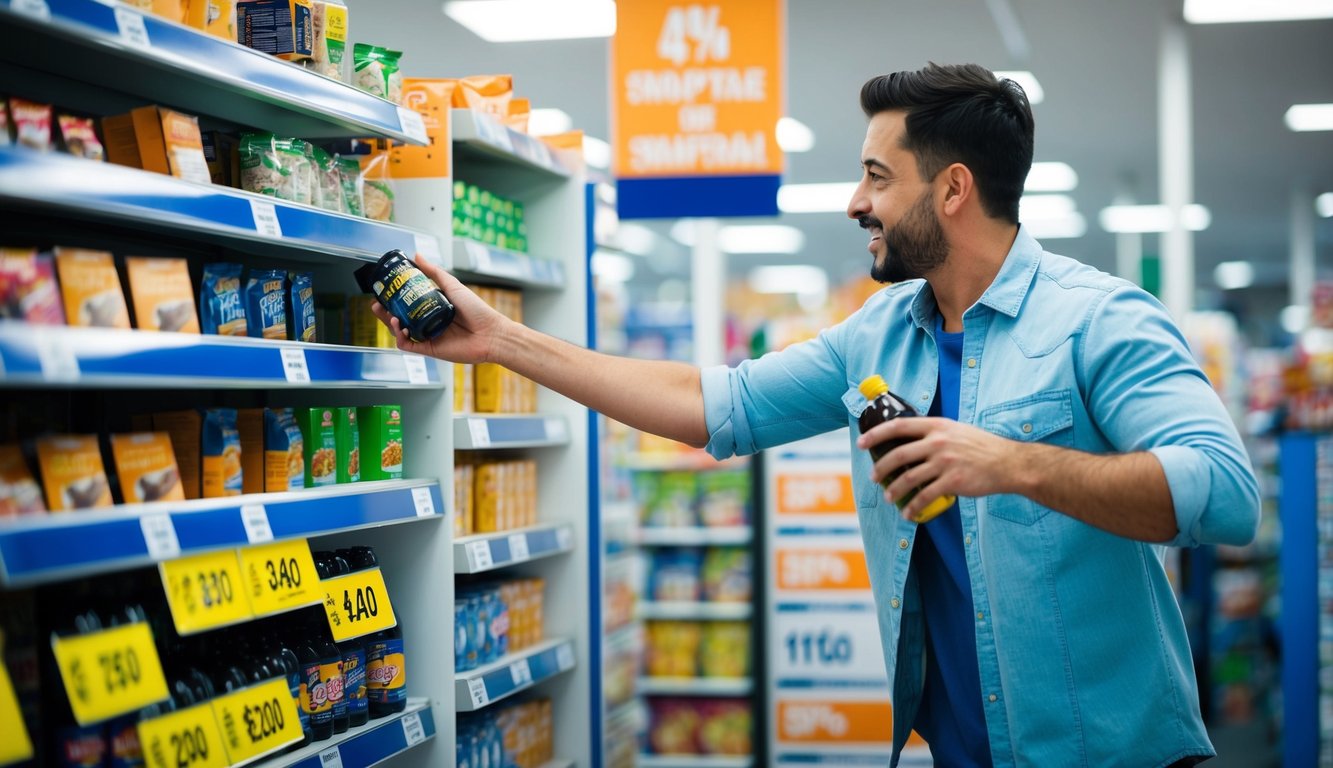 A customer eagerly grabs a discounted product off the shelf, while ignoring the nearby sweepstake sign