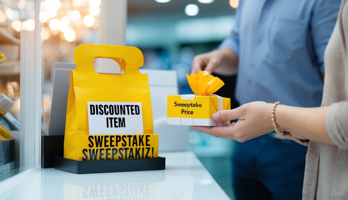 A customer choosing a discounted item over a sweepstake prize. The discounted item is prominently displayed, while the sweepstake prize is tucked away in a corner