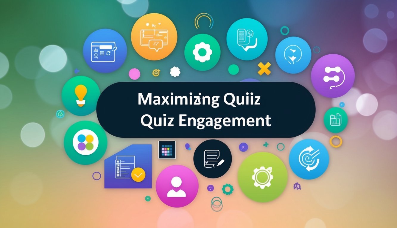 A colorful interface with various interactive elements and engaging visuals, such as icons, shapes, and patterns, to represent the Maximizing Quiz Engagement personality quiz template