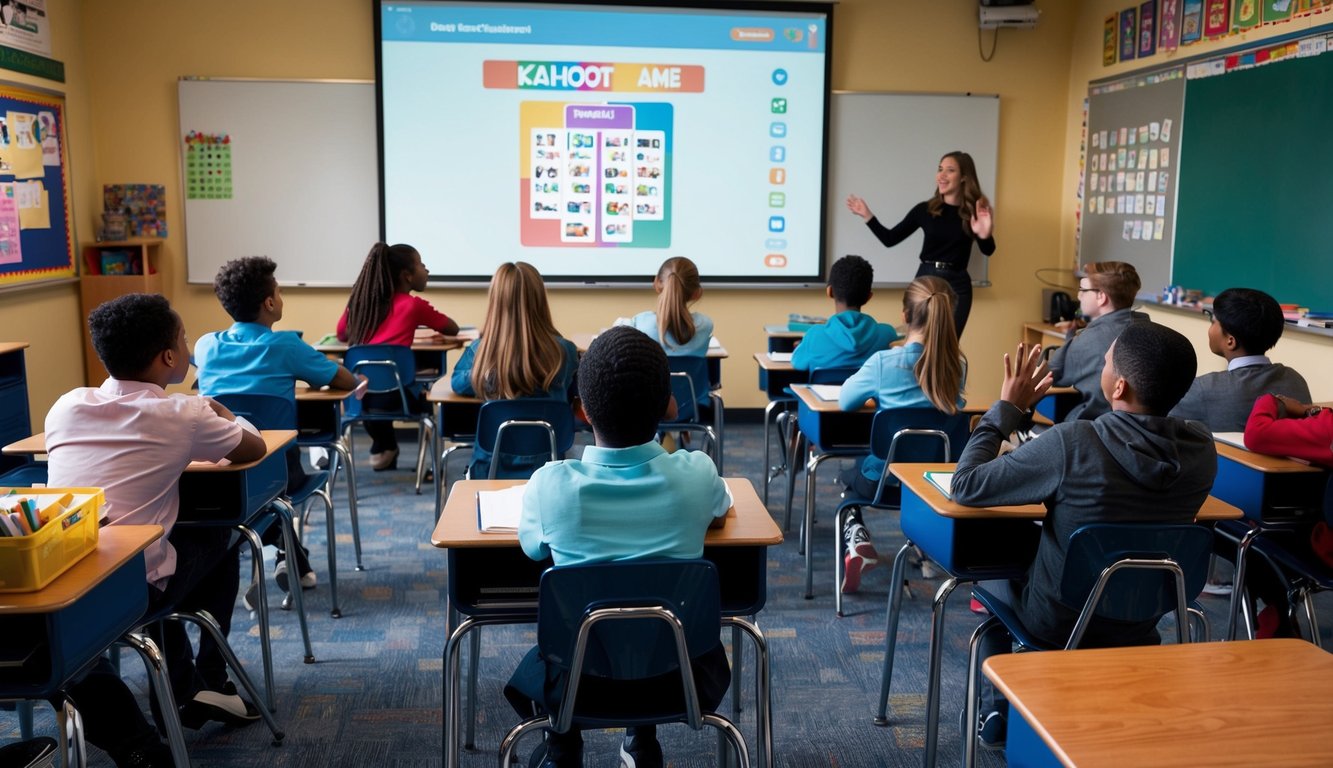 A colorful classroom with students seated at desks, eagerly participating in a custom kahoot game projected on the front board