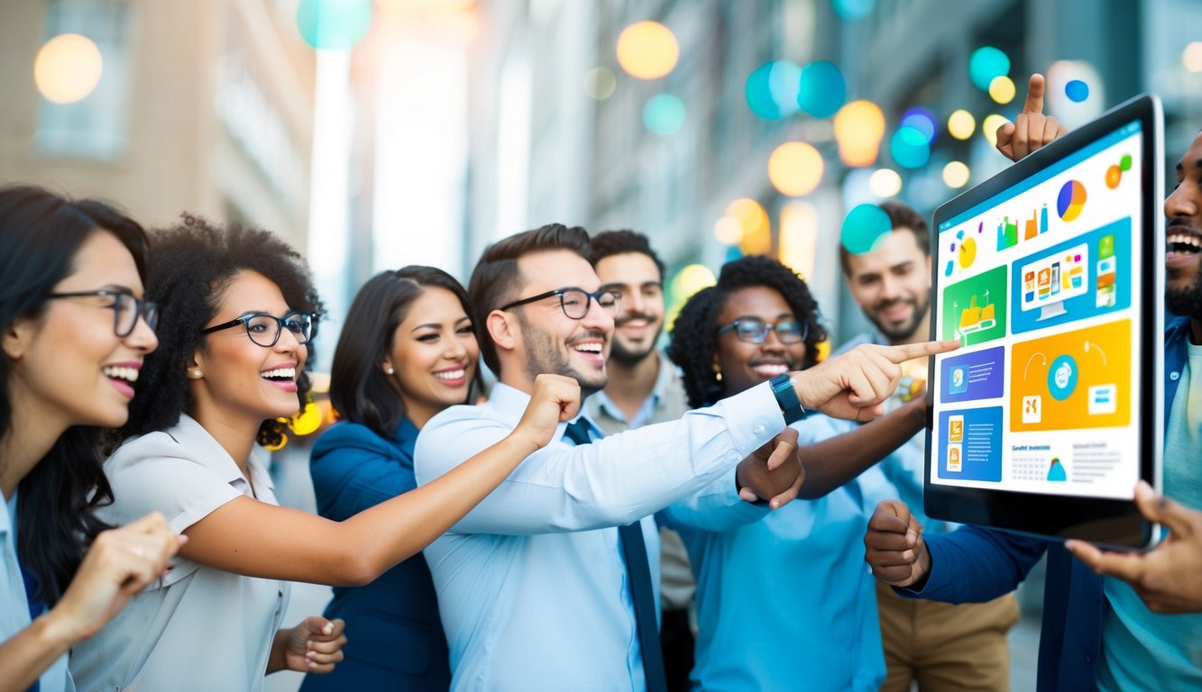 A group of people enthusiastically interacting with a digital device, with colorful graphics and engaging content displayed on the screen