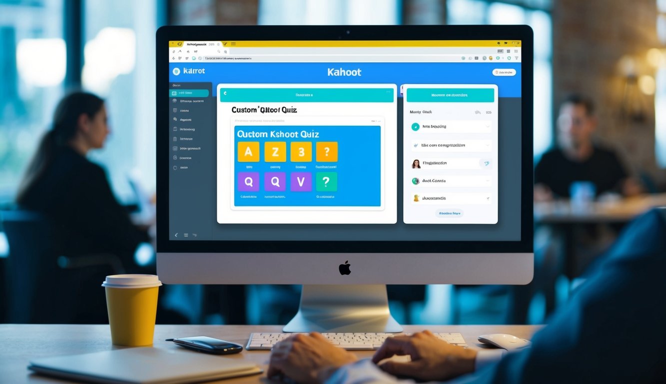 A computer screen displaying a custom Kahoot quiz being managed and shared. The user interface shows options for editing questions and sharing the quiz with others