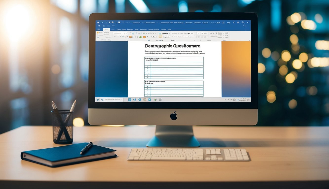 A desk with a computer displaying a Word document open to a demographic questionnaire template. A pen and notebook sit nearby