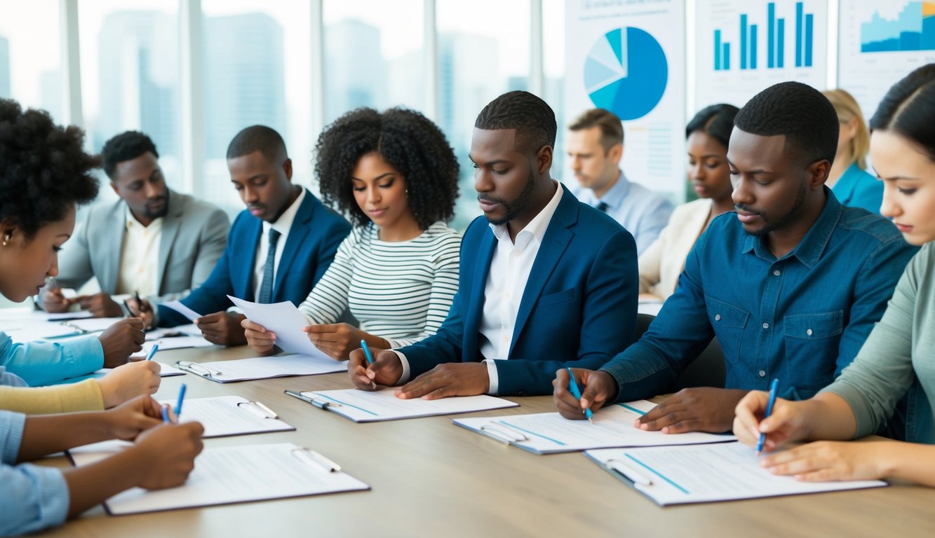 A diverse group of people filling out demographic questionnaires, with charts and graphs in the background