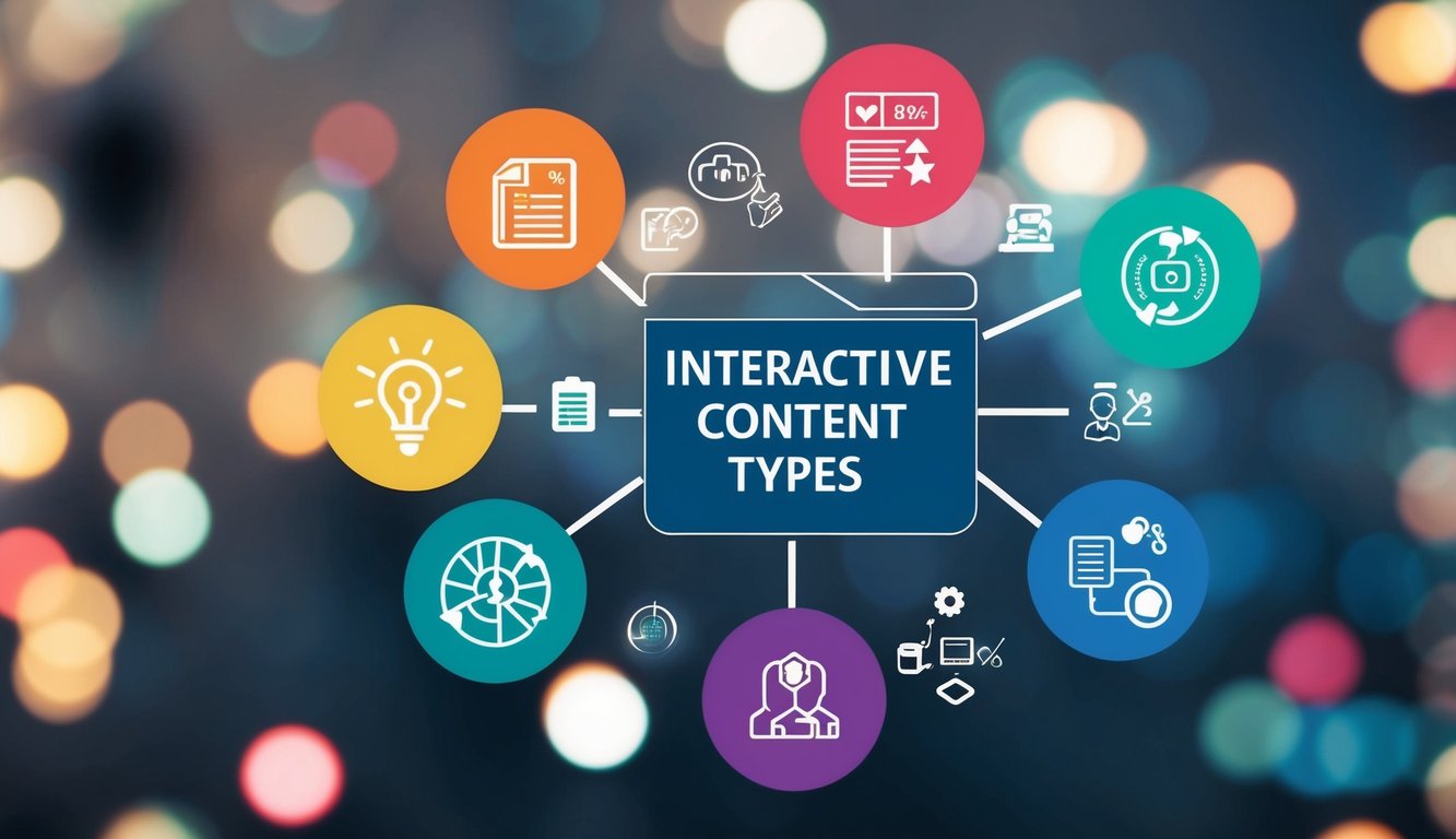 A colorful flowchart of interactive content types with impact metrics and engagement icons