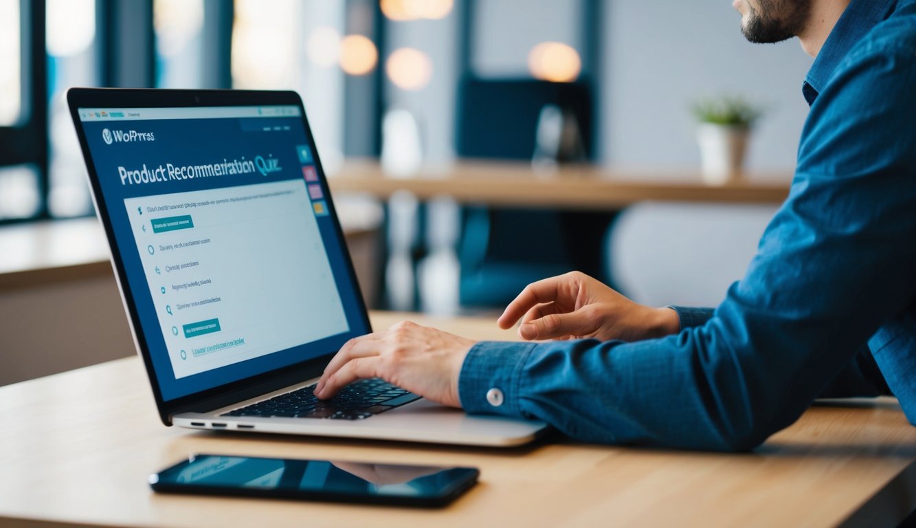 A person setting up a product recommendation quiz on a laptop with a WordPress dashboard open, selecting quiz questions and product options