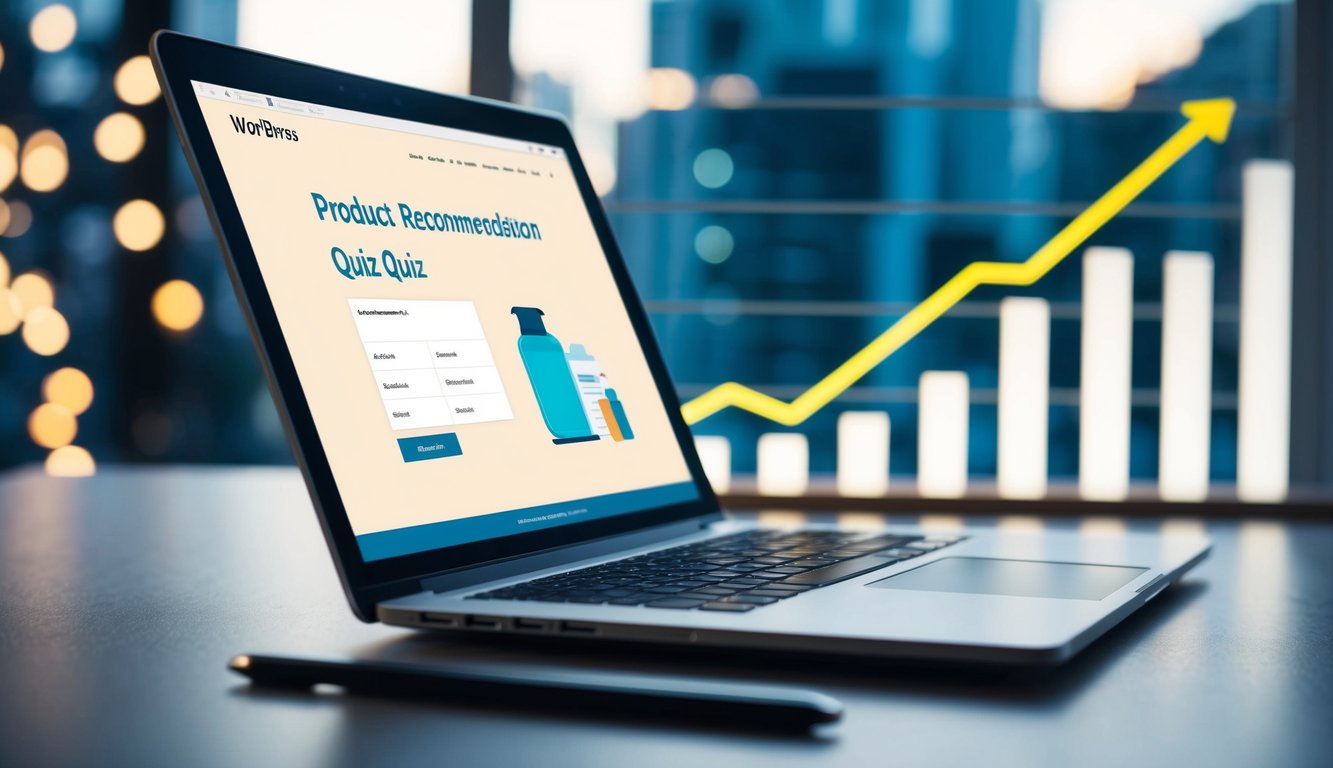 A laptop displaying a product recommendation quiz on a WordPress website, with a graph showing an upward trend in ecommerce sales