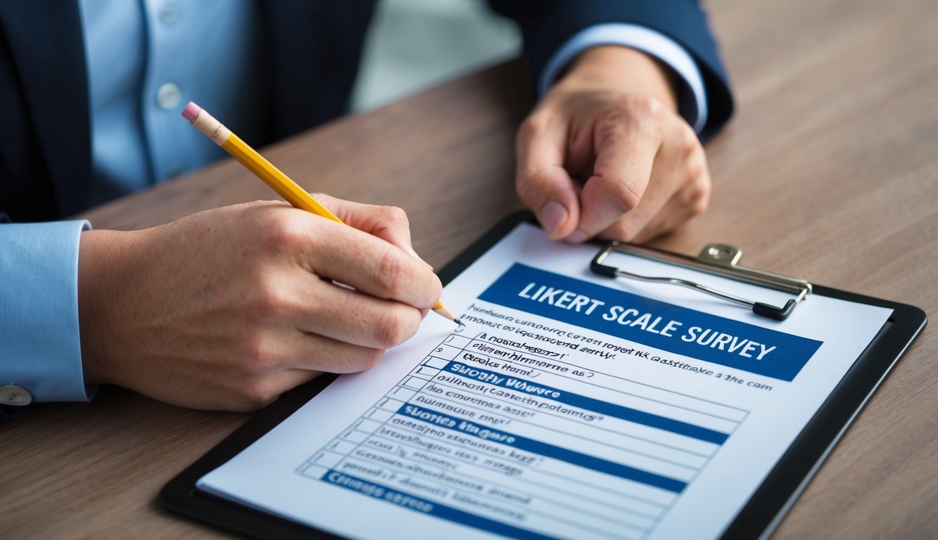 A hand holding a pencil, filling out a Likert scale survey on a clipboard. The survey has a series of questions with response options ranging from strongly disagree to strongly agree