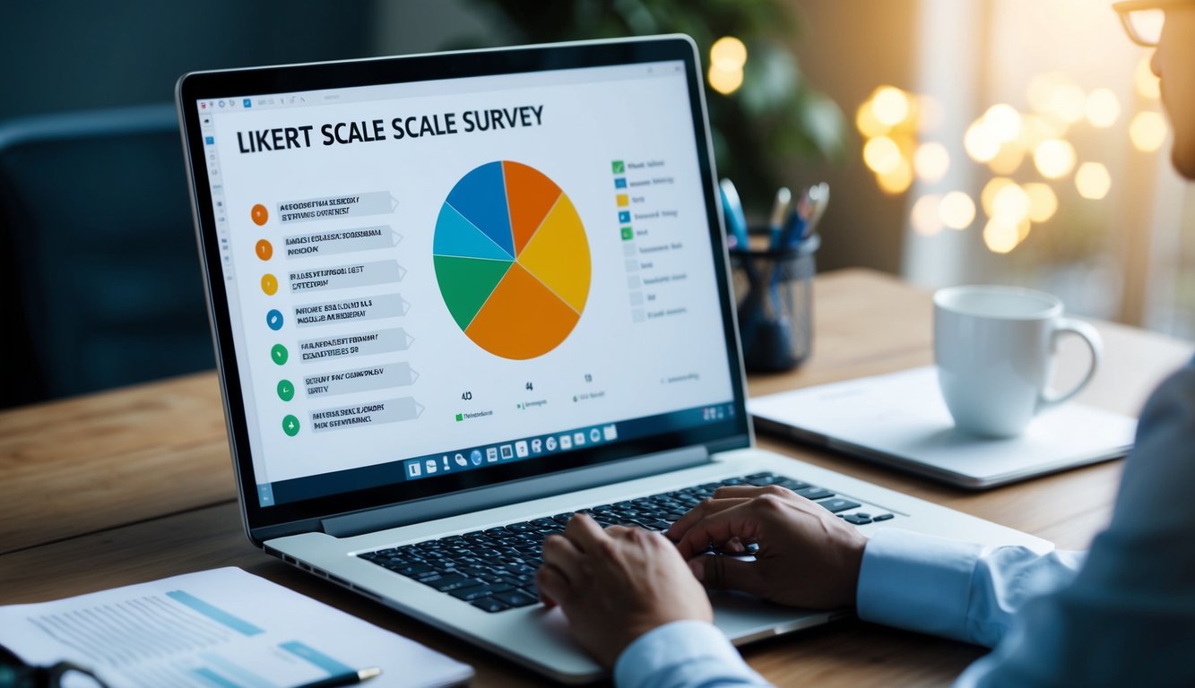 A person creating a Likert scale survey on a computer, with various response options and a graph of the data analysis