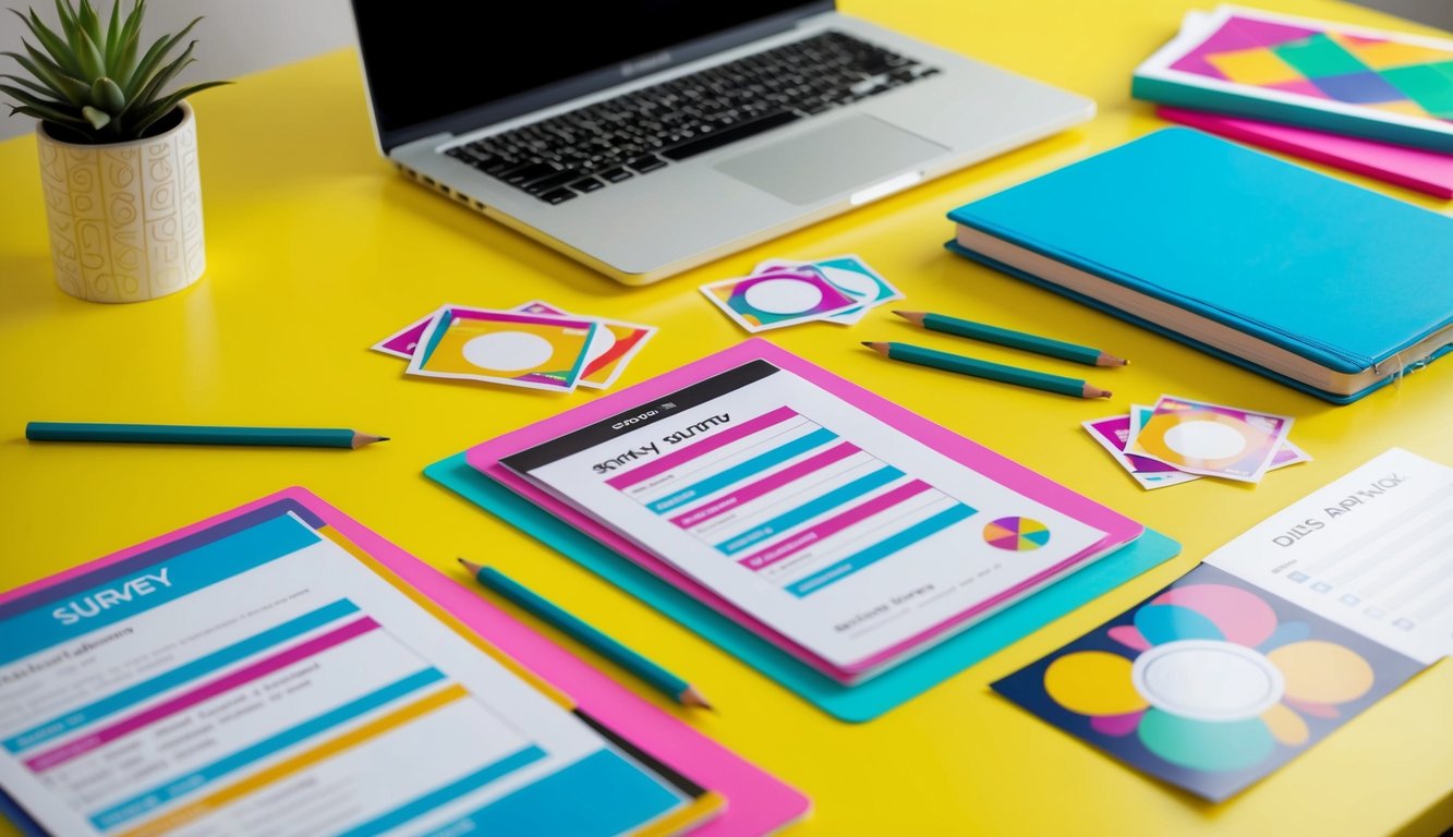 A colorful desk with a laptop, notebook, and pencil. Various survey and quiz templates scattered around. Bright, playful colors and patterns