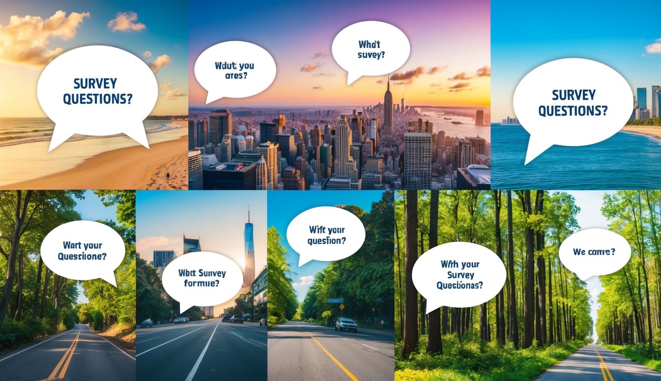 A colorful collage of various settings, such as a beach, city street, and forest, with speech bubbles containing survey questions floating above them