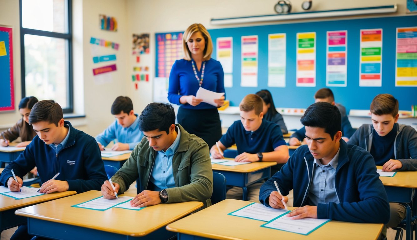 A group of students fill out survey forms at their desks while a teacher stands nearby, observing. The classroom is bright and orderly, with colorful posters on the walls