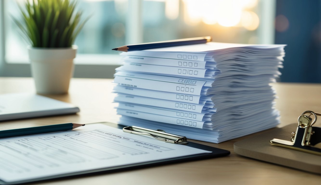 A stack of survey forms with checkboxes and rating scales, a pencil, and a clipboard on a desk