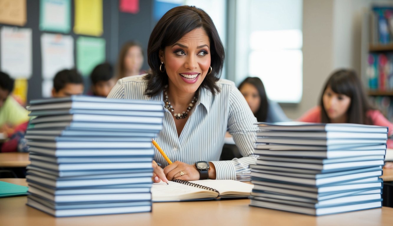 A teacher eagerly reads through a stack of student surveys, a thoughtful expression on their face. A pencil hovers over a notebook, ready to jot down notes