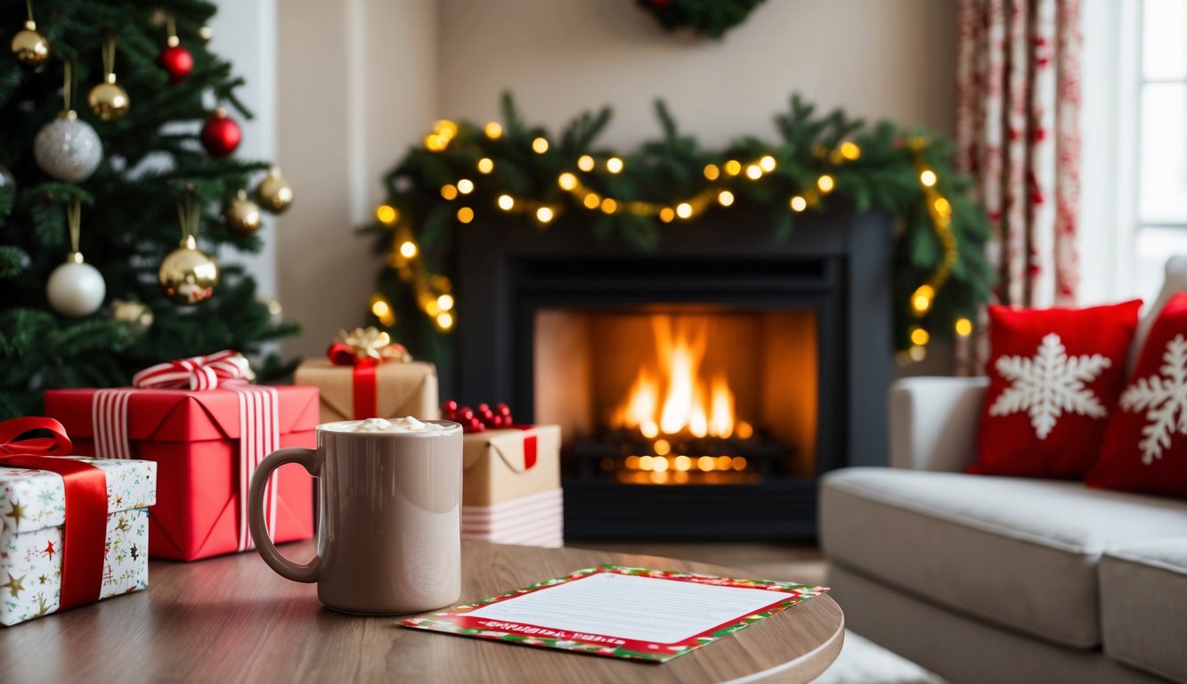 A cozy living room with a decorated Christmas tree, wrapped presents, and a crackling fireplace. A mug of hot cocoa sits on a table beside a festive holiday quiz