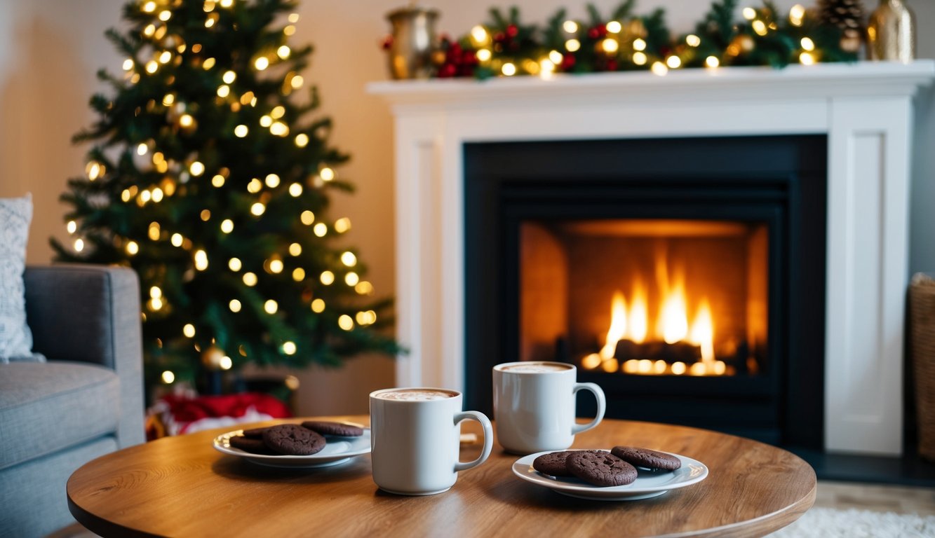 A cozy living room with a crackling fireplace, twinkling Christmas lights, and a table set with hot cocoa and cookies