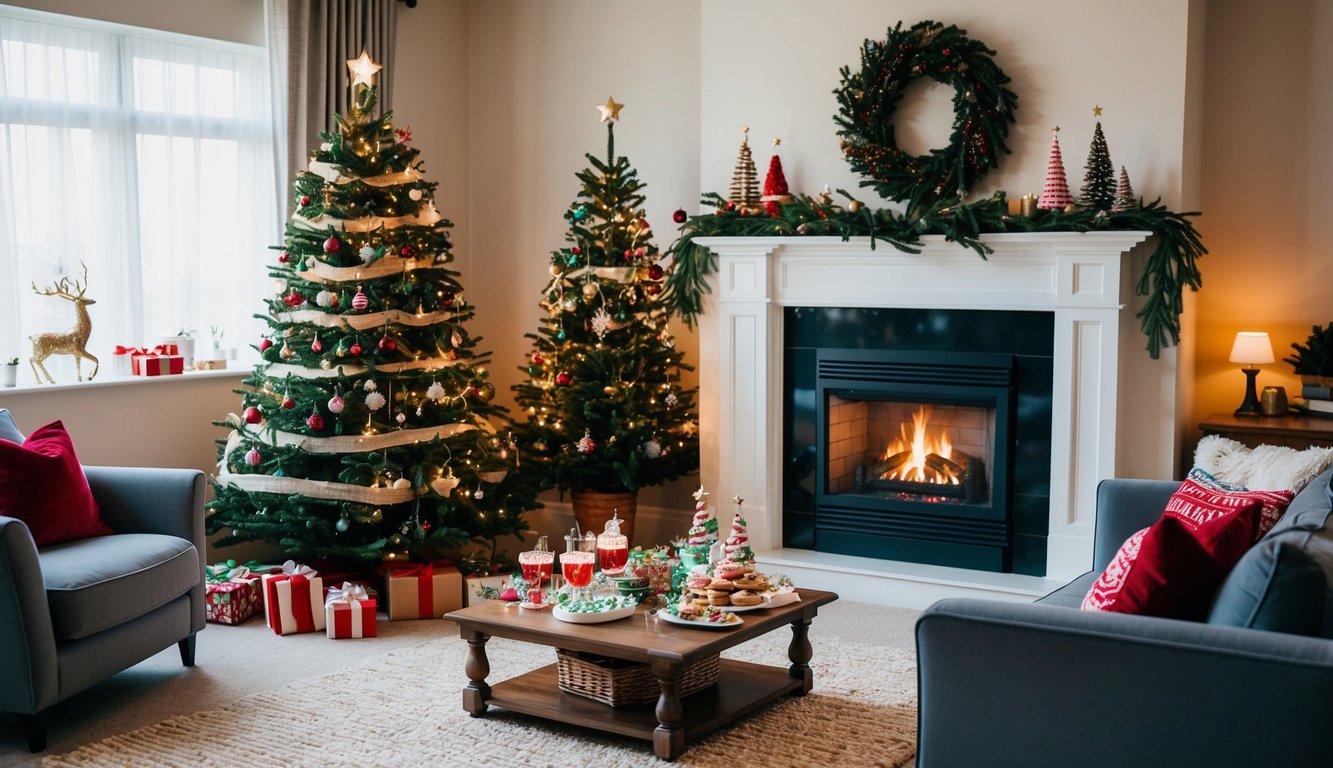 A cozy living room with a crackling fireplace, a festively decorated Christmas tree, and a table set with traditional holiday treats and drinks