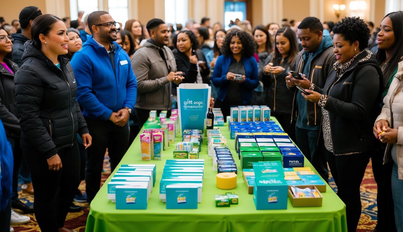 A table with various items like gift cards, products, and promotional items arranged for a giveaway. A crowd of people eagerly waiting in line to participate