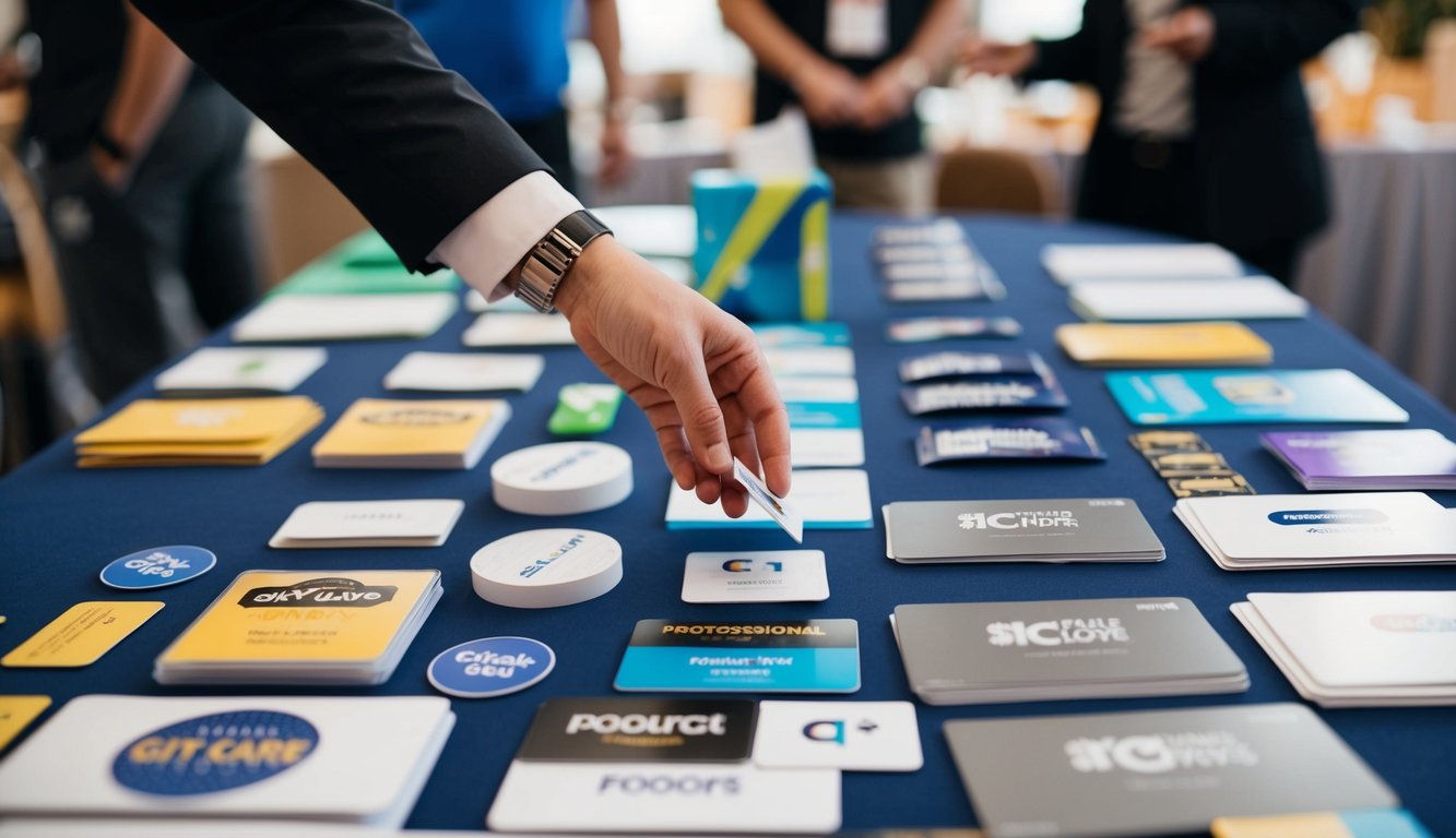 A table with various giveaway items such as gift cards, products, and promotional materials. A person's hand reaching out to select an item