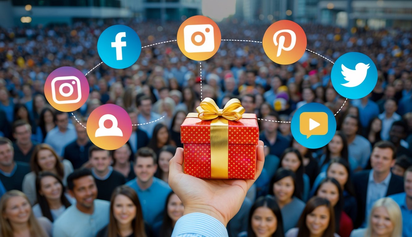 A hand holding a gift box surrounded by social media icons and a crowd of people eagerly waiting to participate in the giveaway