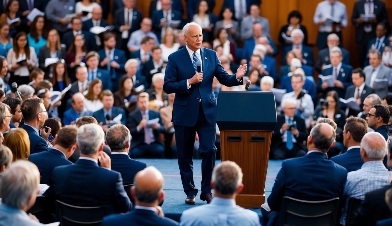 A politician standing on a stage, surrounded by a crowd of people holding microphones and notebooks, while the politician listens and responds to their questions