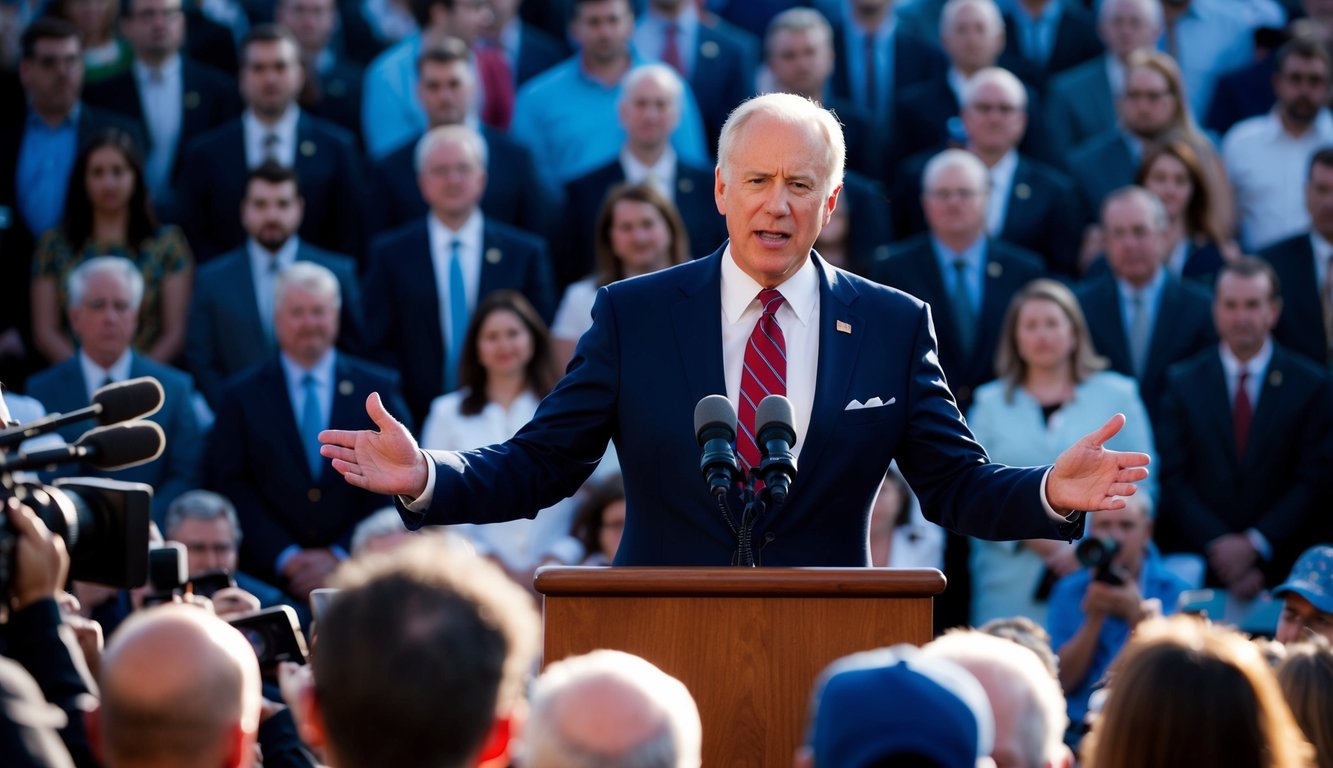 A politician standing at a podium, surrounded by a crowd of people. Microphones and cameras are pointed towards the politician, who is gesturing and speaking confidently