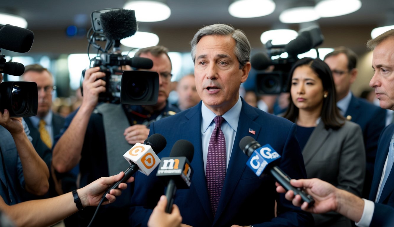 A politician being interviewed, surrounded by reporters and cameras, with microphones pointed towards them. The politician appears to be answering questions, while the reporters take notes and capture the event