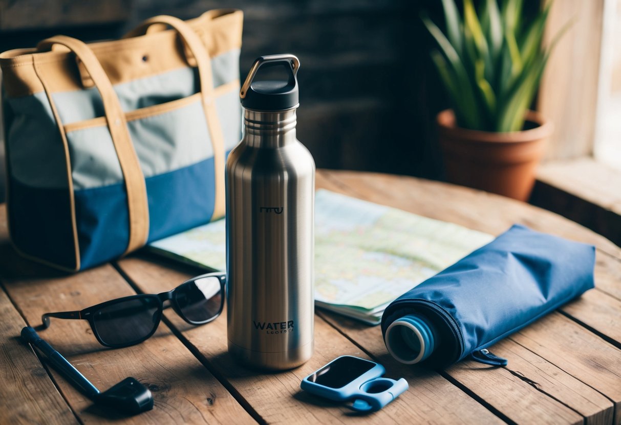 Auf einem rustikalen Holztisch steht eine Wasserflasche aus Edelstahl, umgeben von Reiseutensilien wie einer Karte, einer Sonnenbrille und einer wiederverwendbaren Tragetasche