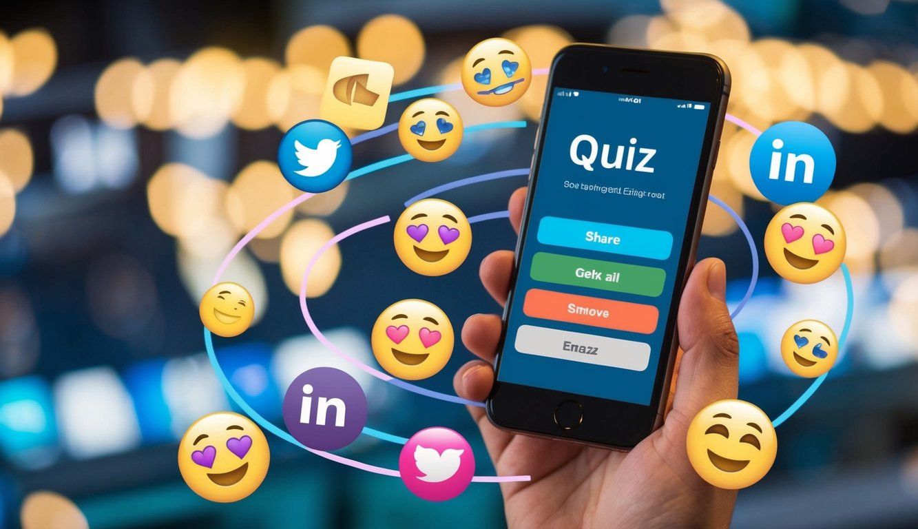 A smartphone displaying a quiz interface with colorful, interactive buttons. Surrounding it are emojis and social media icons, indicating sharing and engagement