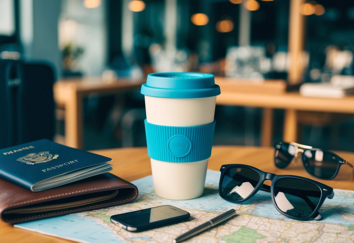 Eine wiederverwendbare Kaffeetasse, umgeben von verschiedenen Reiseutensilien wie einem Reisepass, einer Karte und einer Sonnenbrille, auf einem Tisch