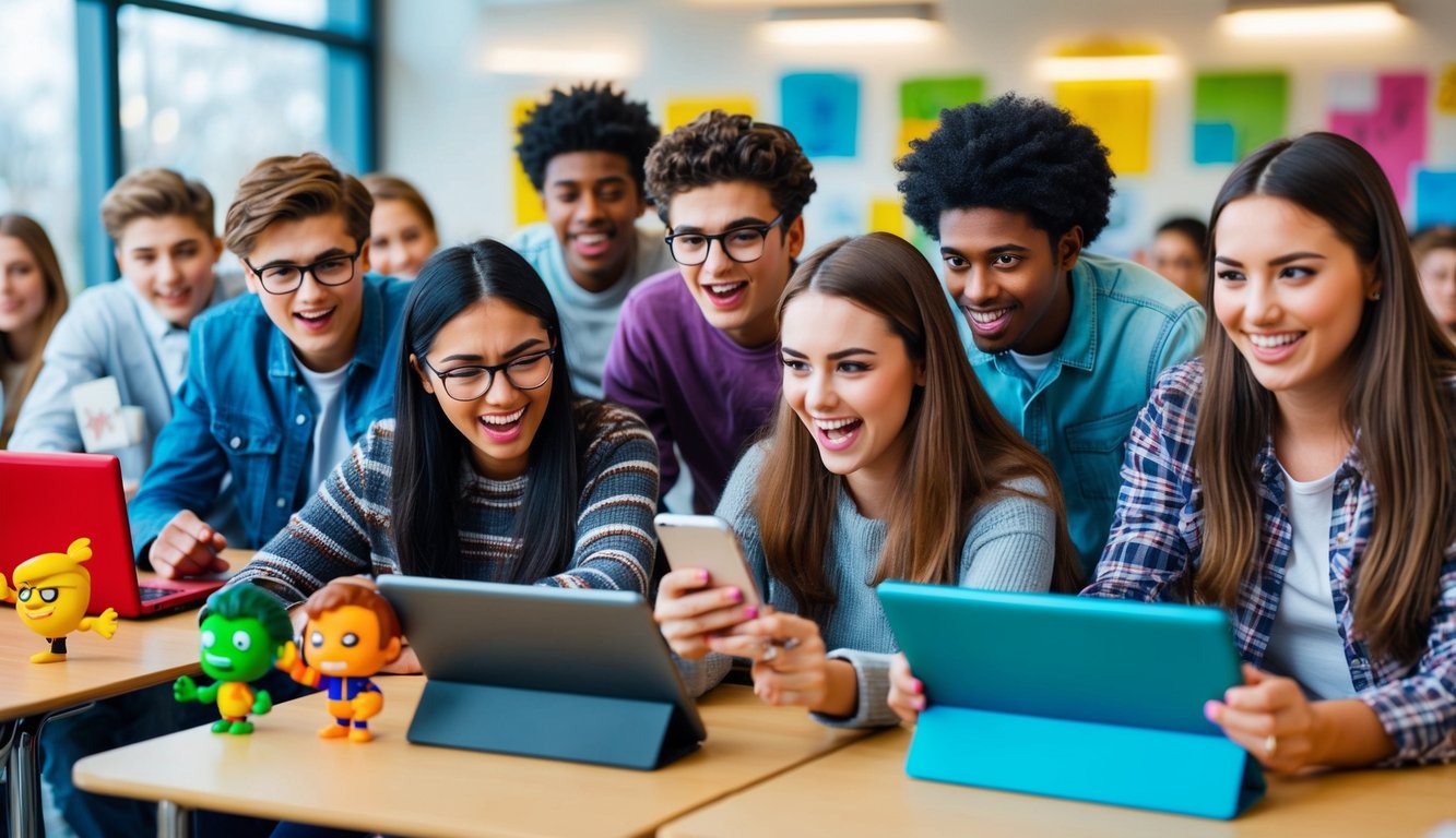 A group of students eagerly participate in a fast-paced, interactive quiz game on their electronic devices, with colorful graphics and animated characters