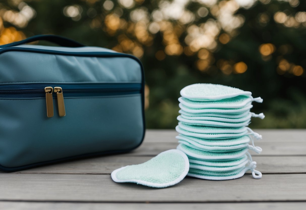 Ein Stapel wiederverwendbarer Gesichtsreinigungspads neben einer Reisetasche