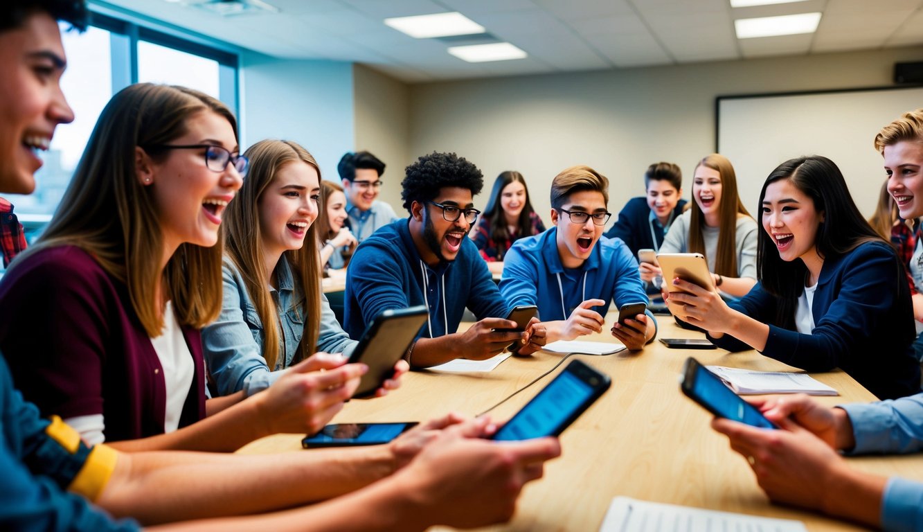 A group of students eagerly participate in a quiz game, using their devices to answer questions. The room is filled with excitement and competition as the game progresses