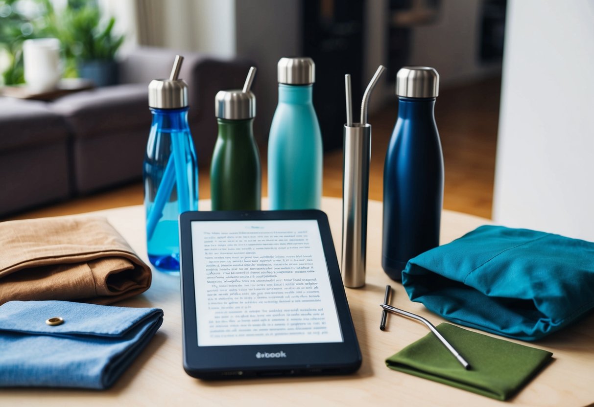 Ein E-Book-Reader sitzt auf einem Tisch, umgeben von verschiedenen Zero-Waste-Reiseartikeln wie wiederverwendbaren Wasserflaschen, Stoffbeuteln und Metallstrohhalmen