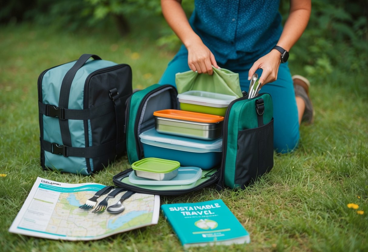 Ein Reisender packt wiederverwendbare Behälter, Stoffbeutel und Metallutensilien in eine nachhaltige, umweltfreundliche Reisetasche. In der Nähe lagen eine Karte und ein Reiseführer zum Thema nachhaltiges Reisen