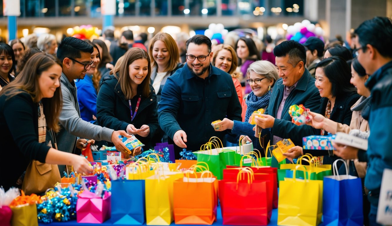 A crowd gathers around a table filled with colorful prizes and freebies. People eagerly reach for items while vendors smile and hand out gifts