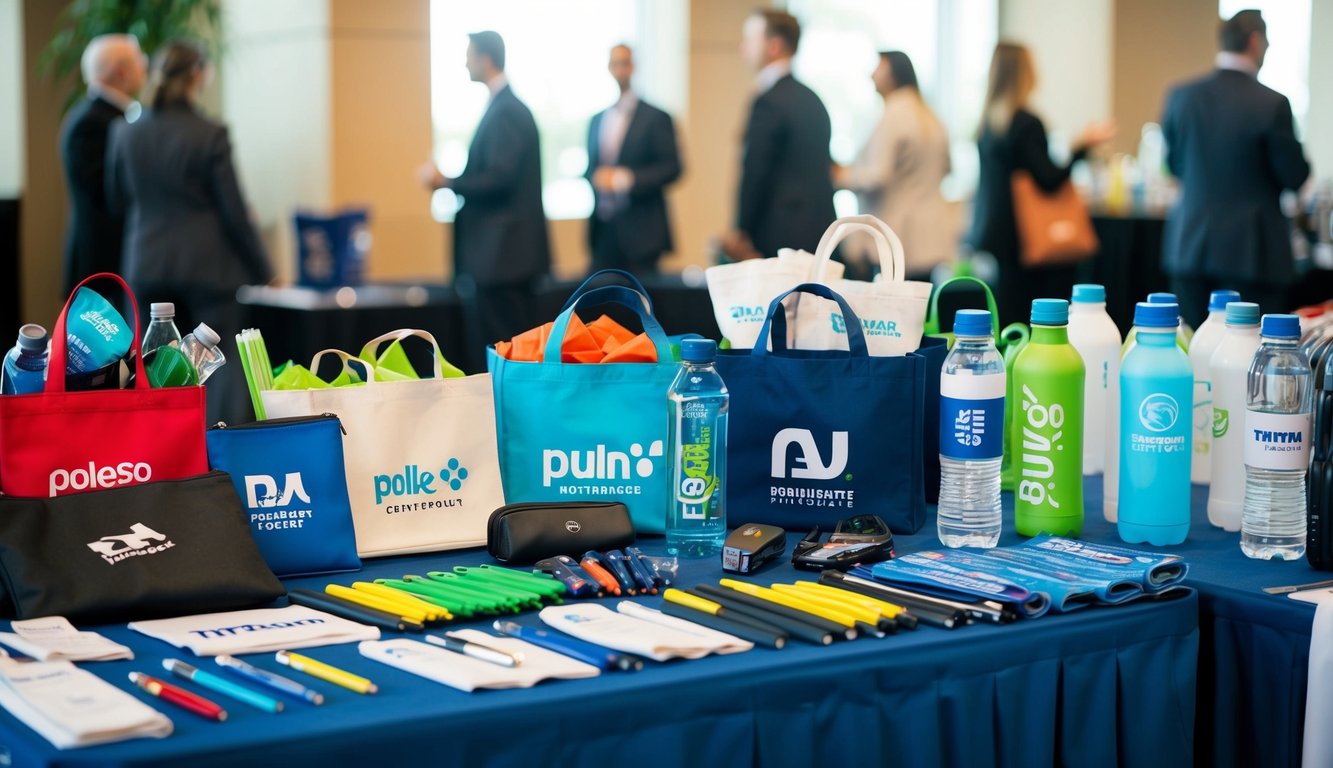 A table filled with branded merchandise and promotional items, such as pens, tote bags, and water bottles, arranged neatly for a giveaway event