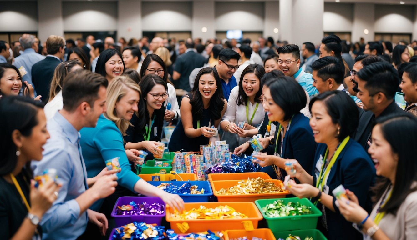 A crowded event space with people eagerly gathering around a table filled with colorful and attractive giveaway items. Excited chatter and laughter fill the air as attendees eagerly reach for the items