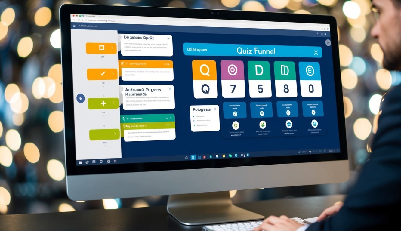 A computer screen showing a quiz funnel software interface with multiple choice questions and progress bars. Icons and buttons for navigation and submission