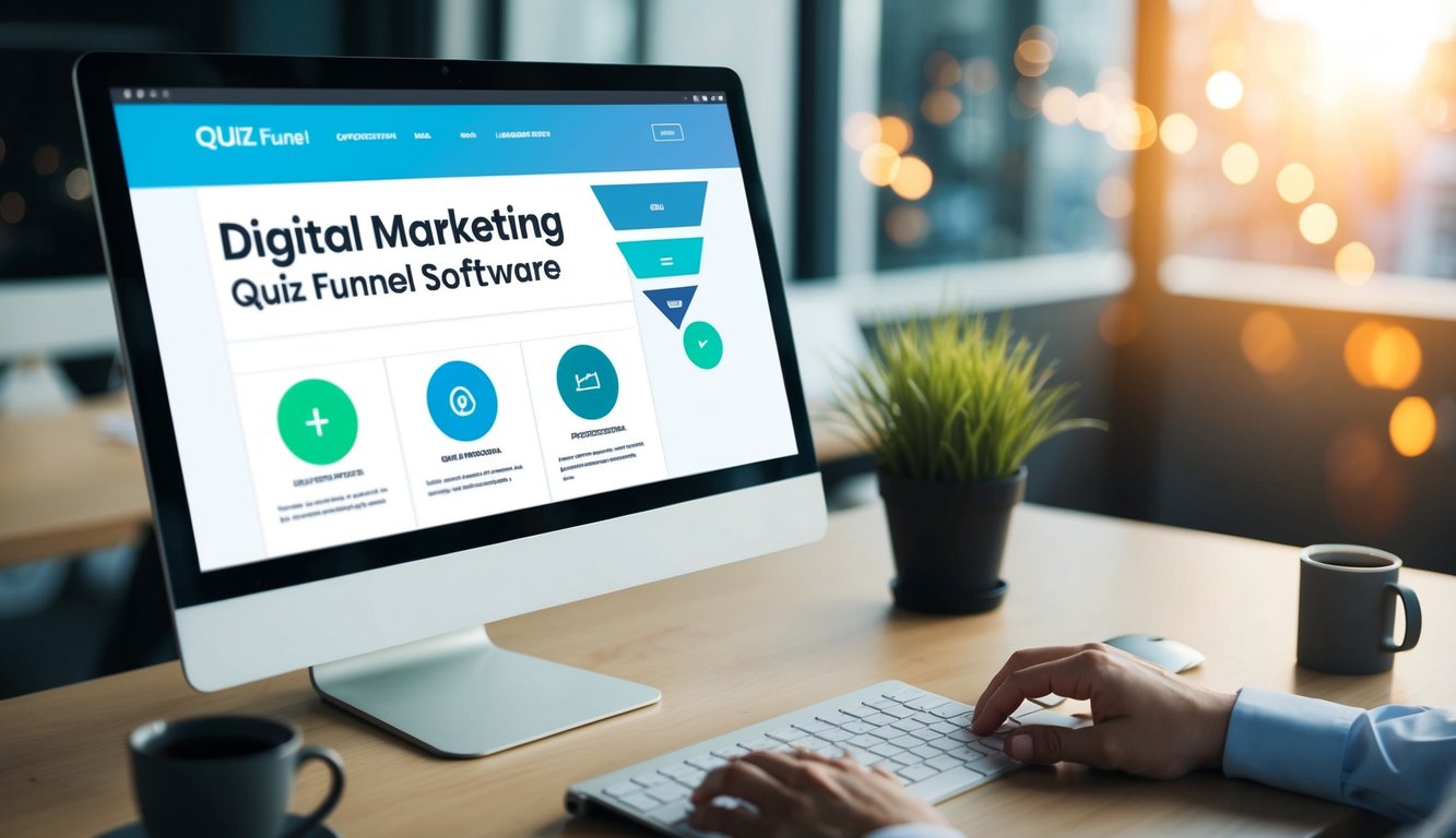 A computer screen displaying a digital marketing quiz funnel software with various interactive elements and progress indicators
