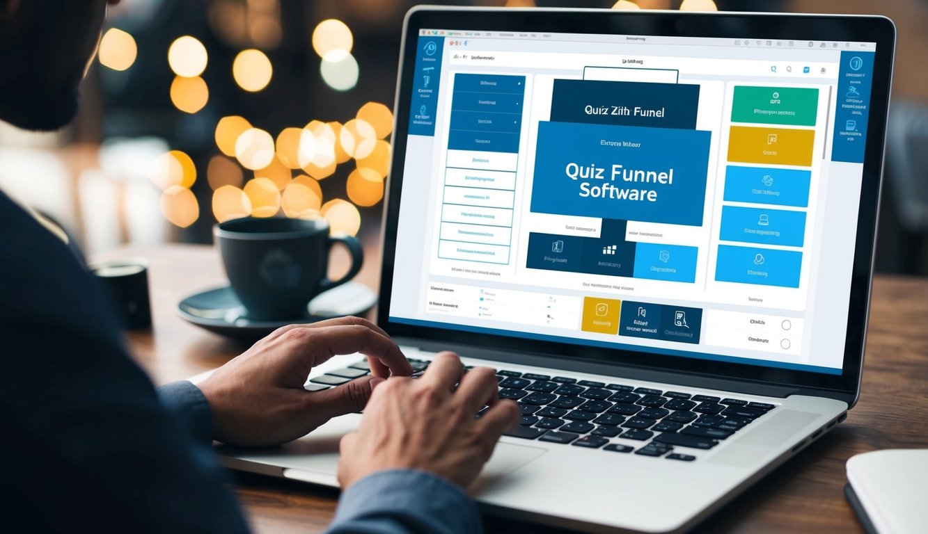A laptop displaying a quiz funnel software interface with various features and options for customization. A user interacts with the software, navigating through different settings and tools