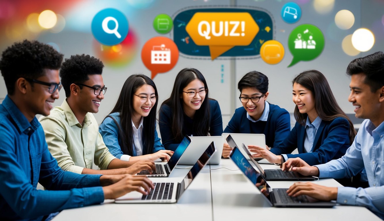 A group of students using laptops and tablets, eagerly participating in an interactive quiz game with colorful graphics and engaging animations