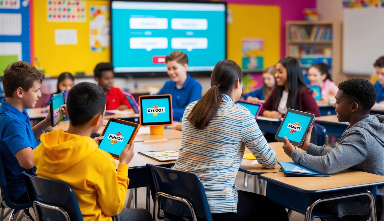 A colorful, engaging classroom setting with students using tablets and interacting with a digital quiz game. The teacher is using a computer to display the Kahoot platform