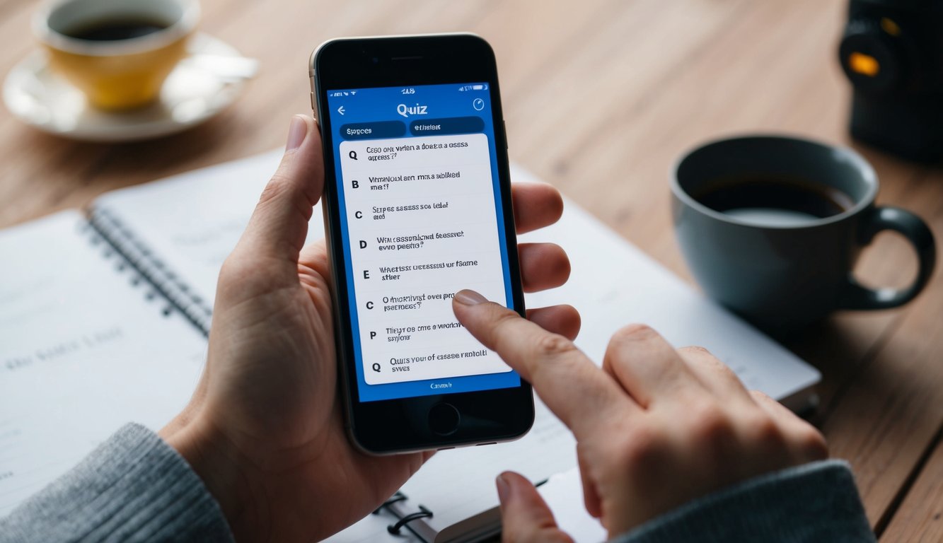 A smartphone displaying a quiz app with multiple-choice questions. A hand holding the phone, tapping on the screen to select an answer