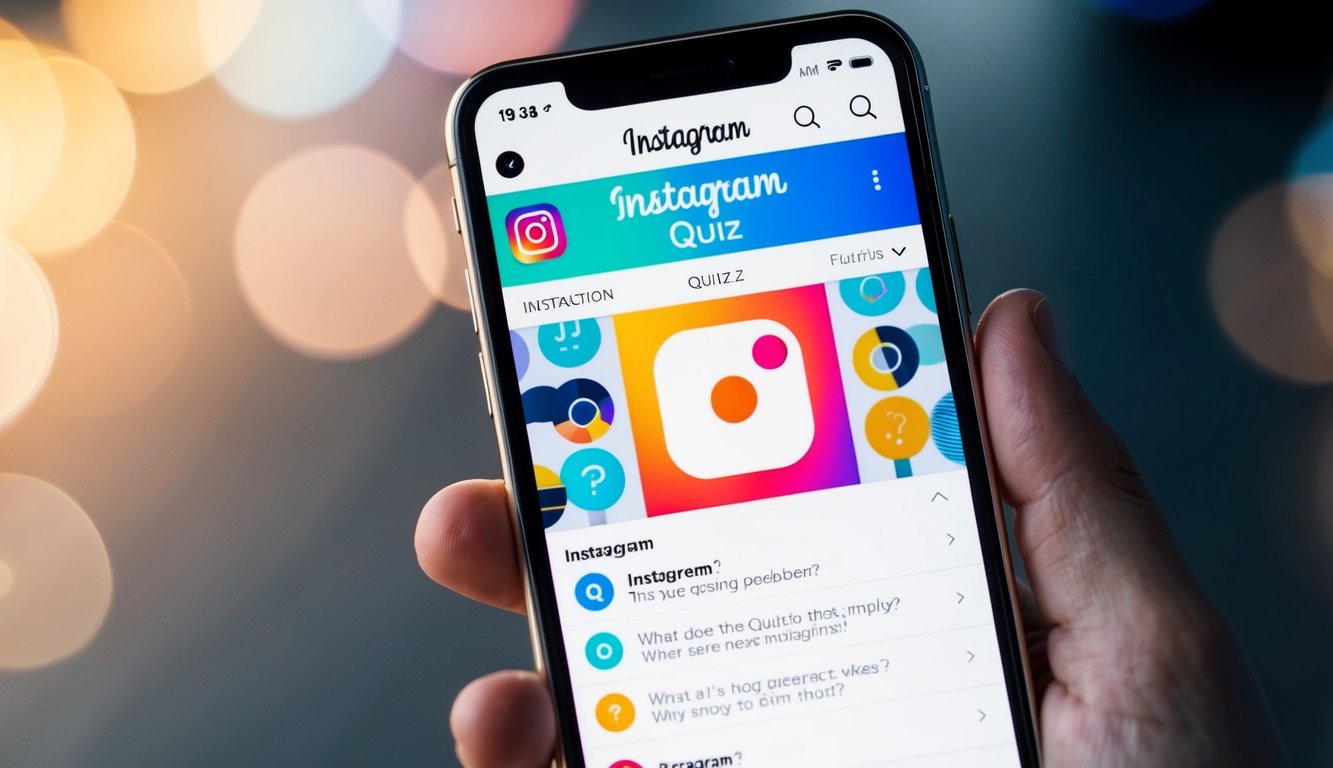 A smartphone displaying an Instagram quiz interface with multiple choice questions and interactive features. Bright colors and engaging design elements