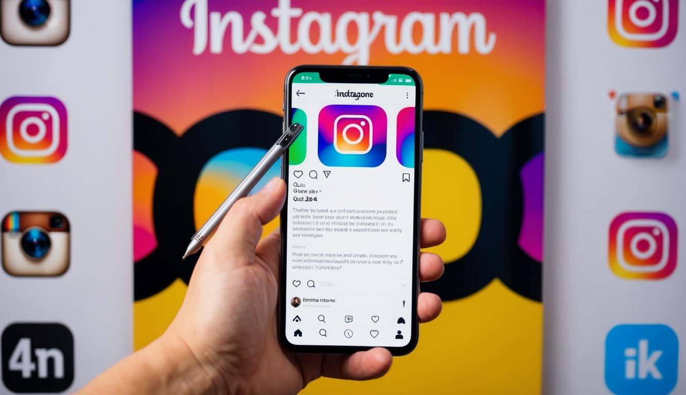 A smartphone displaying an Instagram feed with a quiz post. A hand holding a stylus ready to interact with the quiz. A creative backdrop with Instagram branding