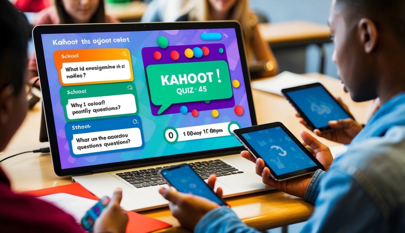 A colorful digital screen displays a premade Kahoot quiz with multiple choice questions and a timer ticking down. Students' hands hold electronic devices, eagerly participating