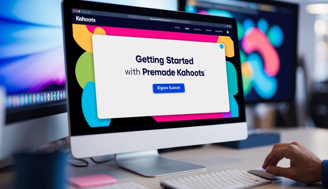 A computer screen displaying the "Getting Started with Premade Kahoots" webpage, with a colorful and engaging design, and a mouse cursor clicking on the "Explore Kahoots" button